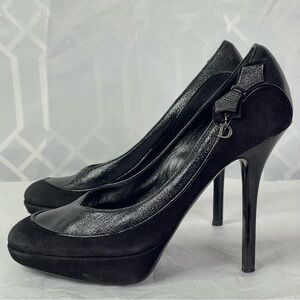 Christian Dior Black Suede Platform Pumps Bow Detail Size 37